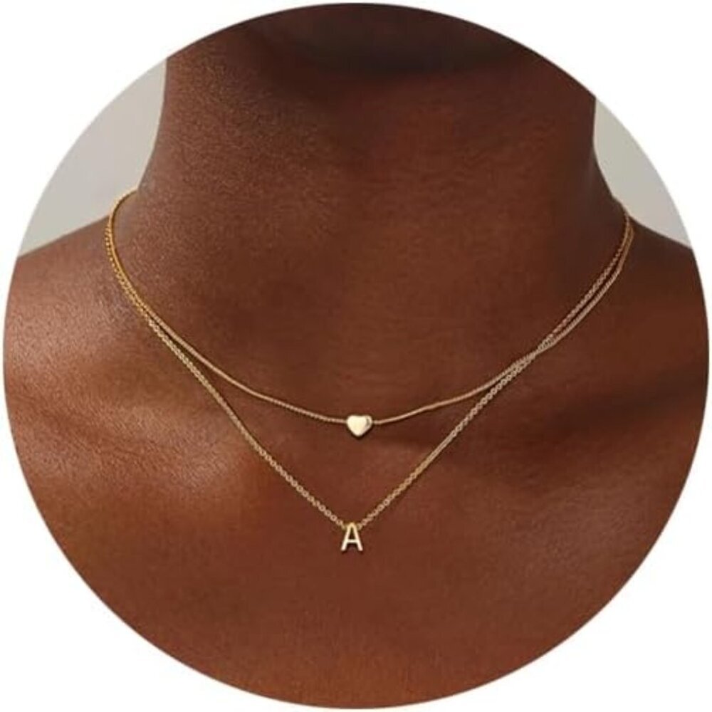 18K Gold Plated Stainless Steel Layered Heart Initial Necklace Personalized Tiny